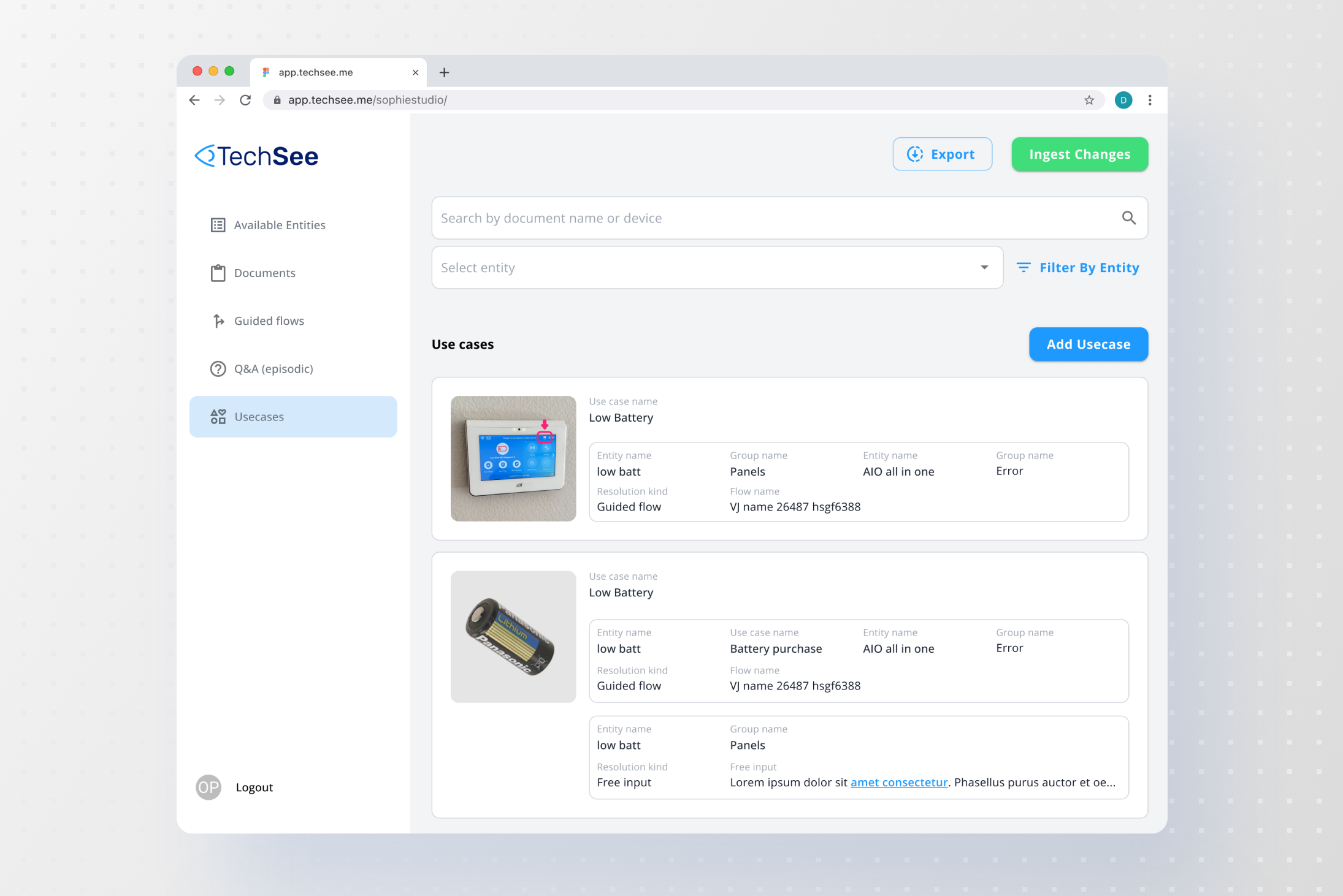 Sophie Studio: the use case library, with entities, guided flows, and device images